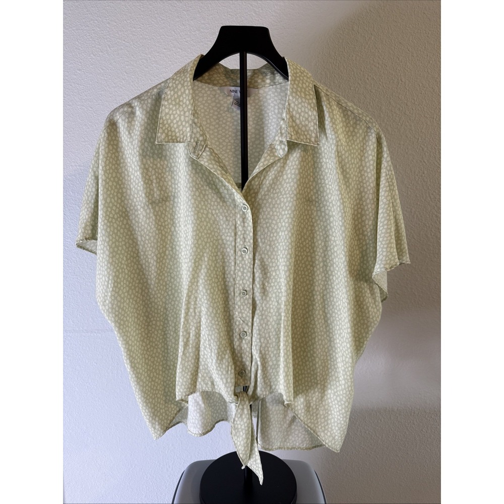 Nine West Women's Green Button Down Tie Front Short Sleeve Polka Dot Top Size XL